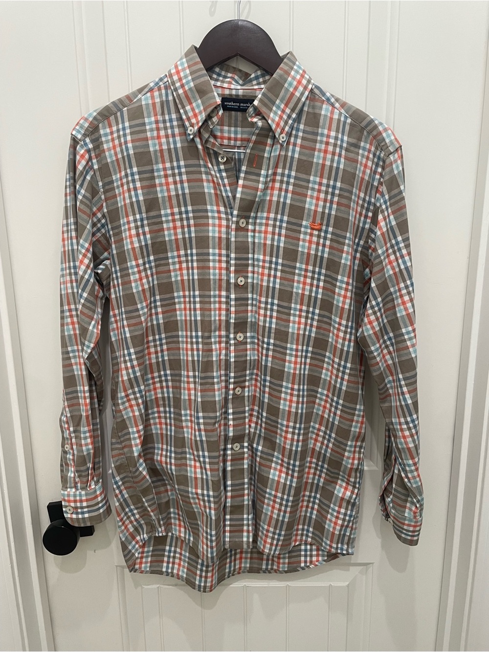 Southern Marsh Men's Brown Plaid Button-Down Shirt with Orange & White Stripes